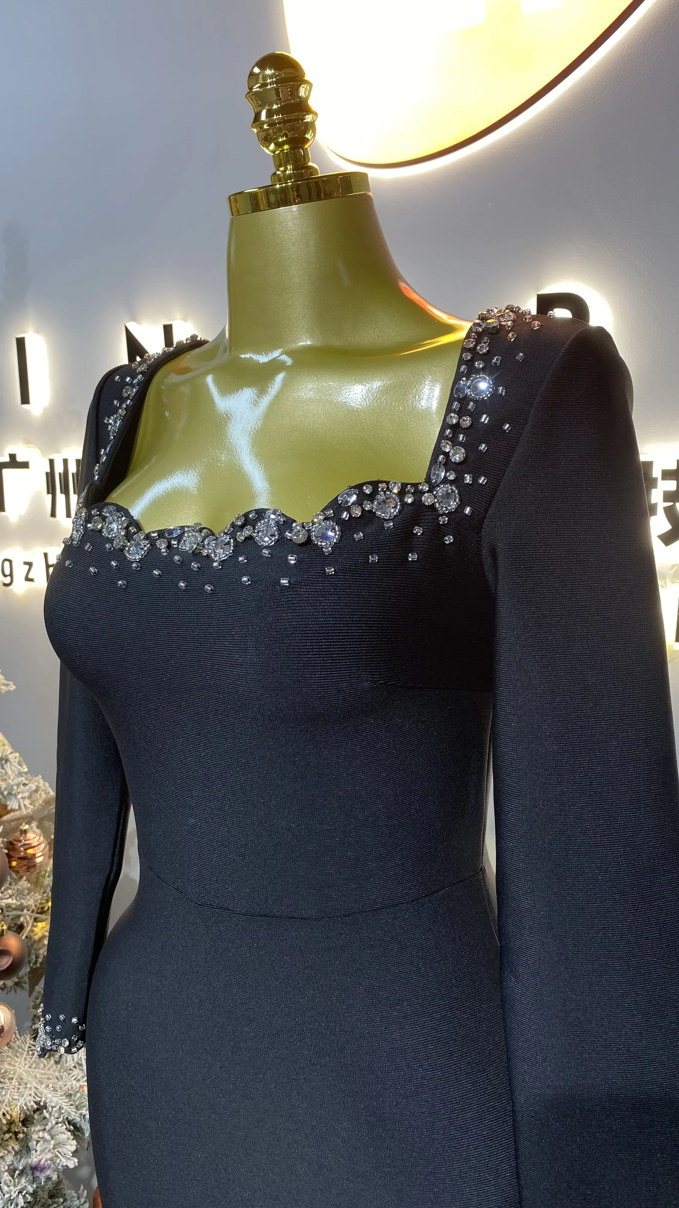 Vestido de fiesta de manga larga de cristal de alta calidad, elegante vestido de noche ajustado para mujer-GZXX343