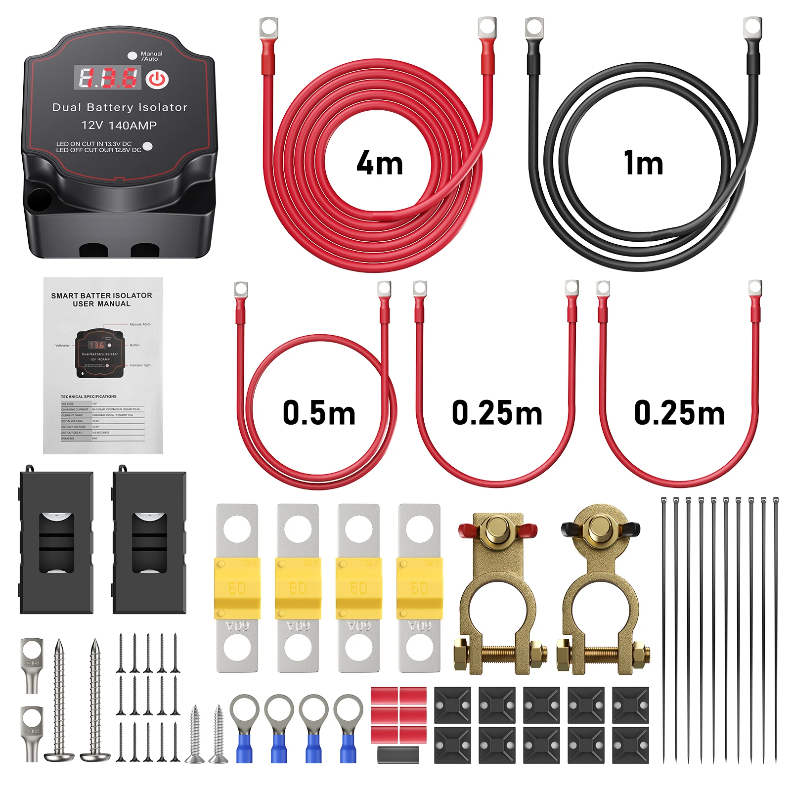 Kit isolatore intelligente doppia batteria con display di tensione a LED 12V 140 Amp Kit relè sensibile per auto VSR impermeabile per camper per auto