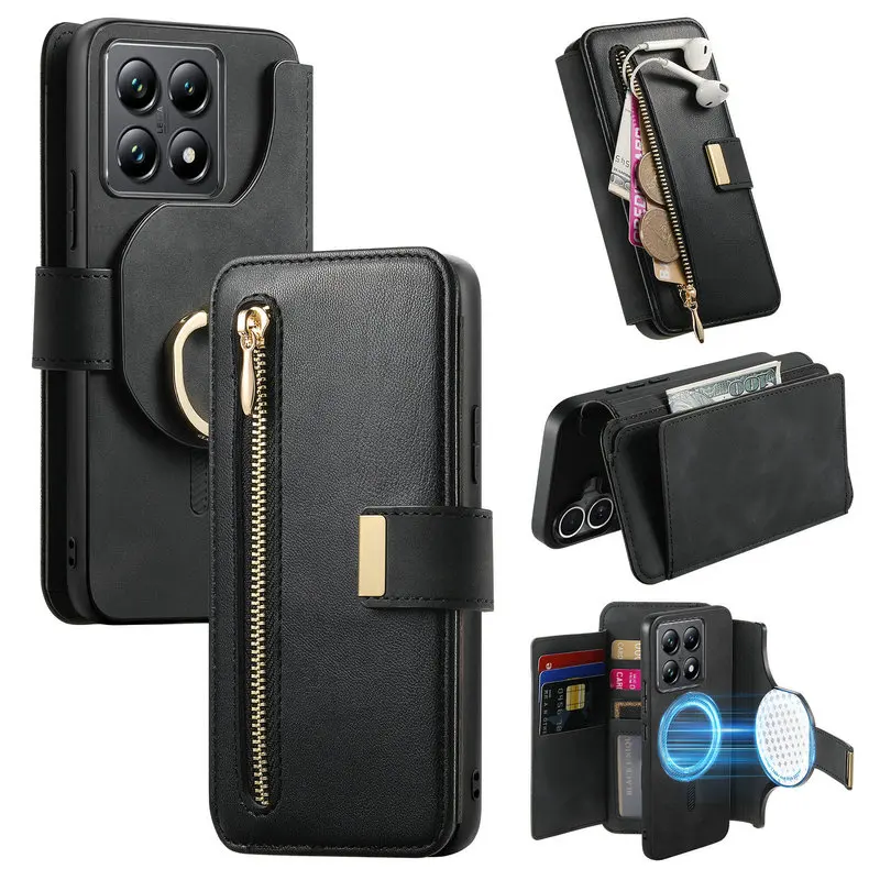 

Business Texture Skin-friendly Leather Case For Xiaomi 15 14/T 13/T Pro Ring Bracket Zipper Magnetic Wallet Anti-Drop Back Cover