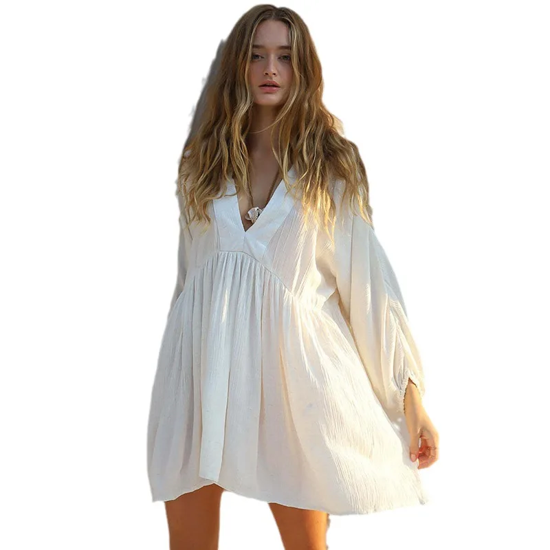 White Long Sleeve Bikini Cover-ups Summer 2025 Women Sexy Backless Short High Waist Holiday Beach Wear Swim Suit Cover Up