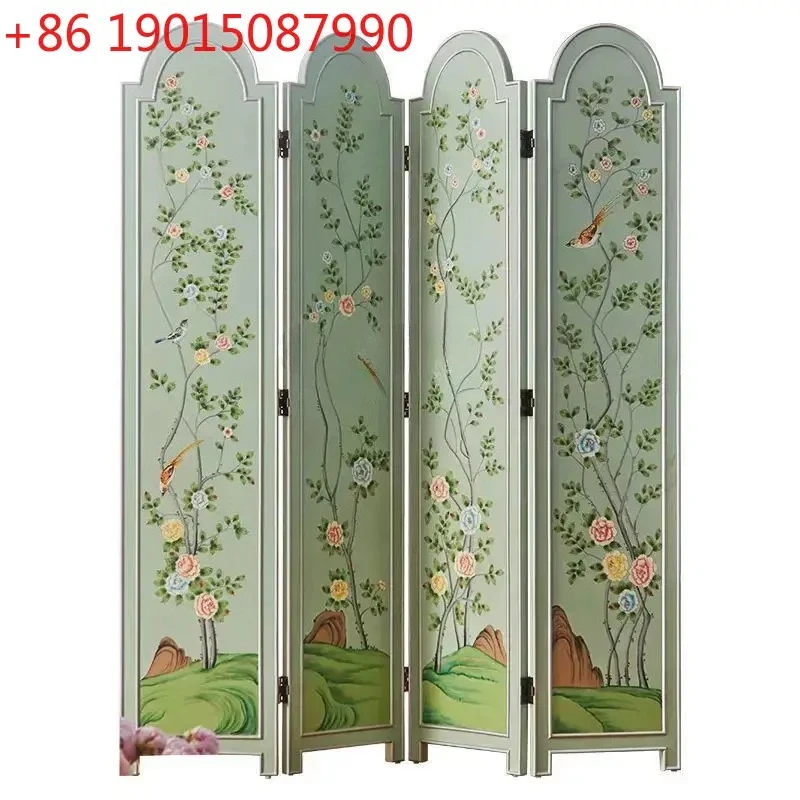 New Chinese hand-painted screen living room partition lacquer painting flower and bird folding screen background wall decoration