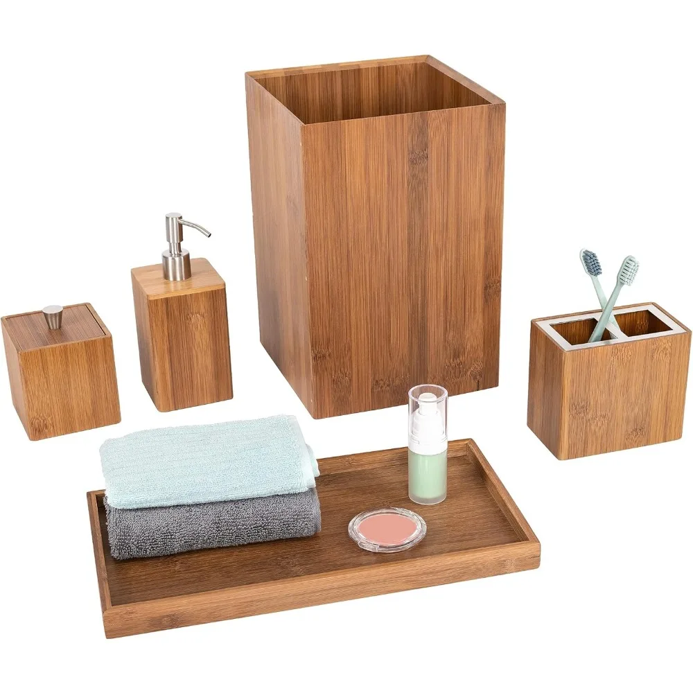 

Bamboo Bathroom Vanity Organizer Set with Towel Tray, Soap Dispenser, and Wastebasket for Eco-Friendly Home Decor