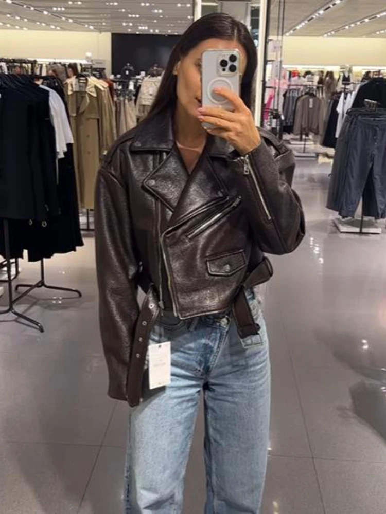 Original Quality Faux Leather Biker Jackets For Women Sexy Short Jacket Women Coats Belts Zipper Pockets Leather Jacket Outwear