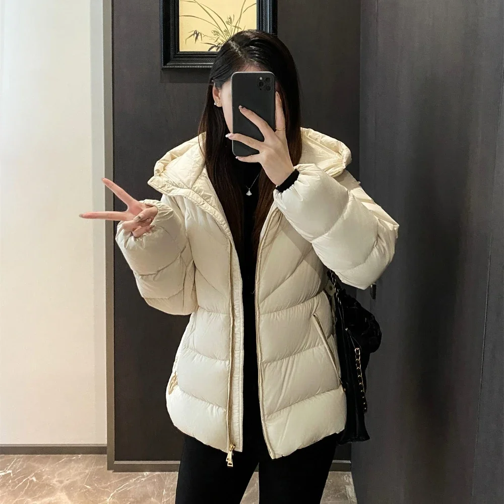 

Women Waist-closing Slim Belt White Duck Down Coat Female Fashion Hooded Thick Warm Puffer Jacket Ladies Autumn Winter Clothing