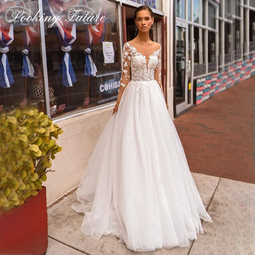 Robe de mariée élégante en tulle avec appliques en dentelle, ligne A, manches longues, col rond, Icidal, dos des patients, train de balayage, 2024