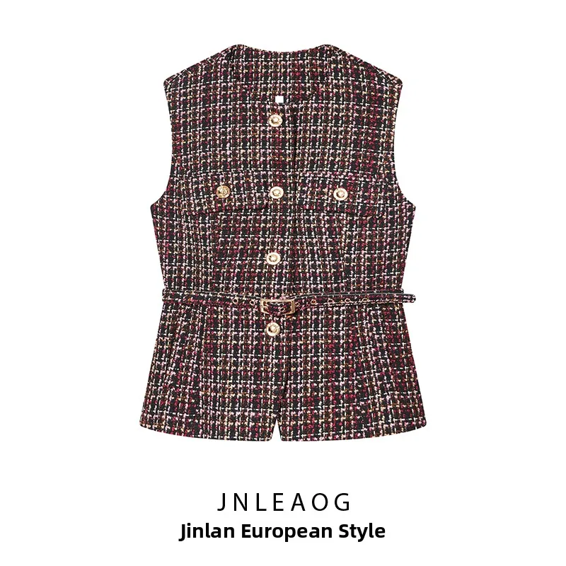 

Женский текстурированный жилет JNLEAOG с круглым вырезом и поясом, осенняя новинка, для повседневной носки, из полиэфирного волокна