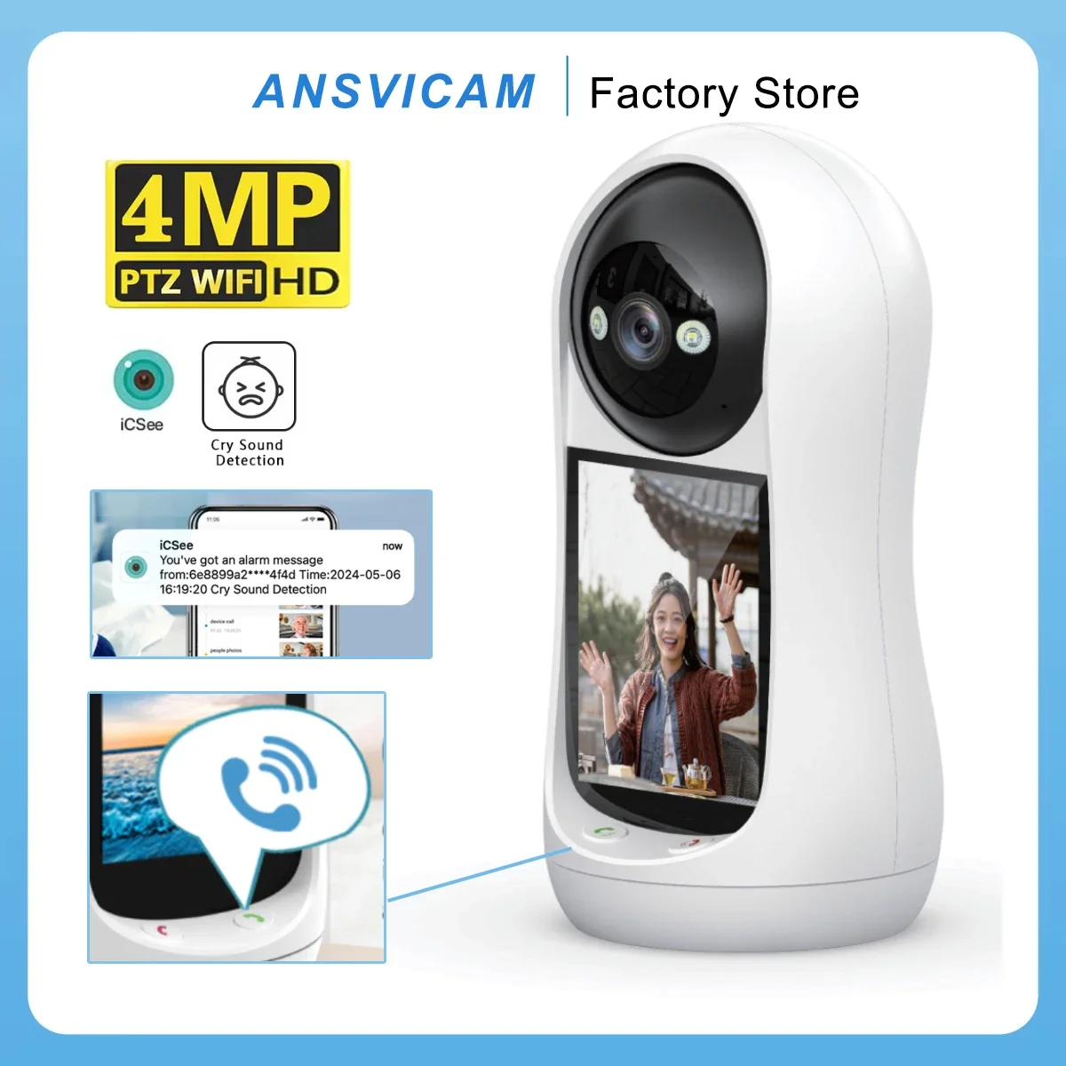 2K 4MP PTZ Wifi Home Camera Video Call with 2.8 Inch IPS Screen Baby Cry Sound Detection Security IP Camera Baby Monitor iCSee