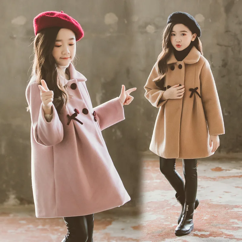 3-12 Years Old Baby Girl Winter Clothes Wool Warm Solid Color Coat New Korean Fashion Long Children's Jacket Girl Coat Clothing