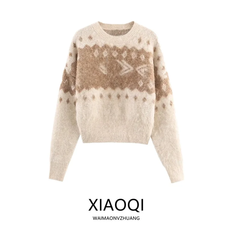 

Winter 2025 New Women's round Ne Long Sve Color Rubbing Effect Knitted Sweater European Sle Loose Fit Geometric Pattern