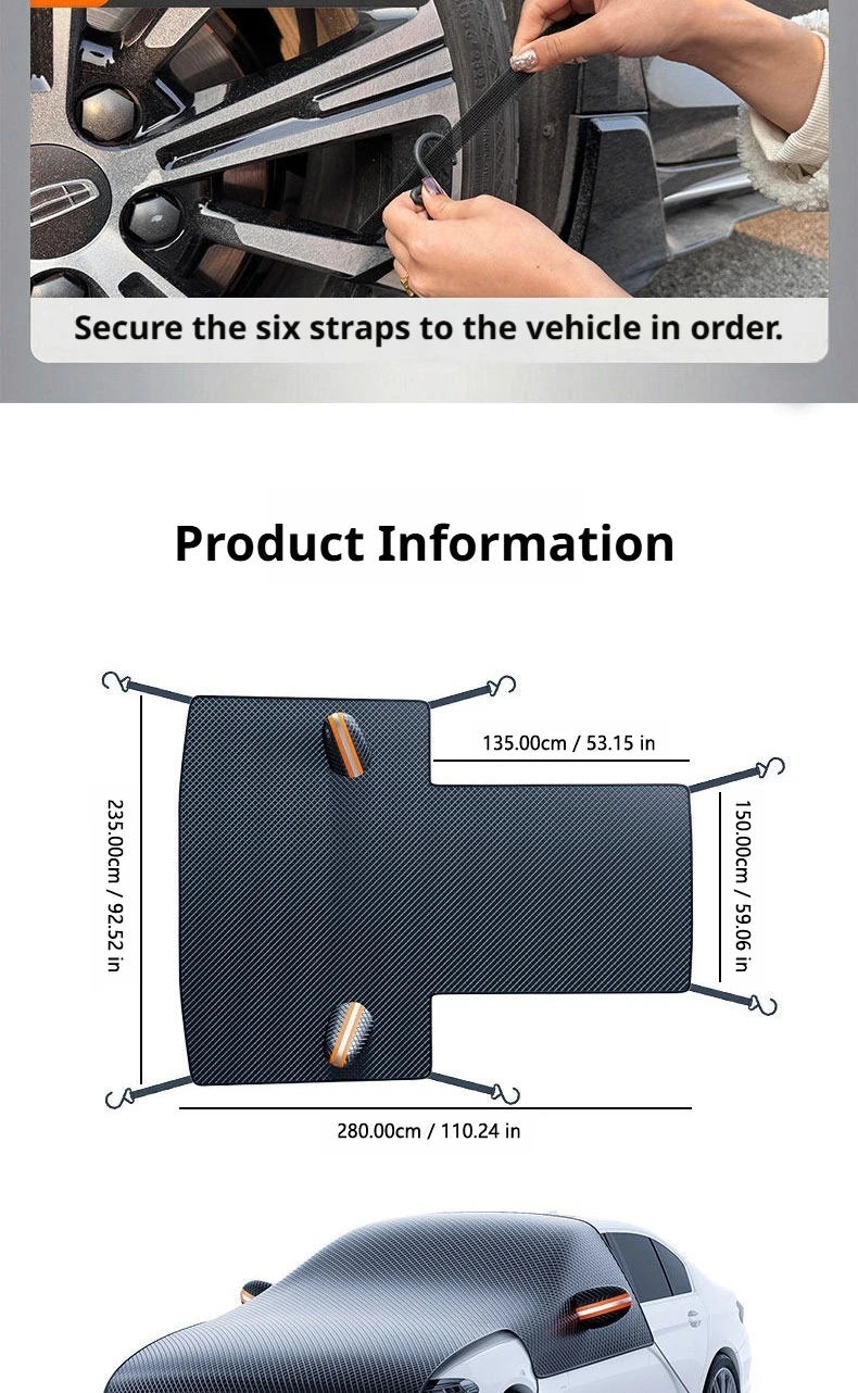 SEAMETAL Verlängerte 3-Fenster Auto-Windschutzscheiben-Schneeabdeckung Motorhaube Anti-Frost Anti-Eis Sonnenschutz mit 6 Befestigungsgurten für Limousine SUV – Detail 11