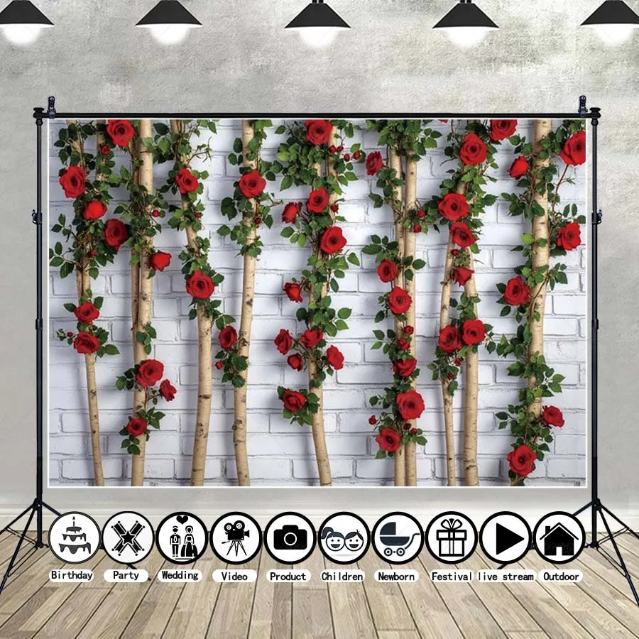 

MOON.QG February 14 Valentine's Day Photographic Background Wooden Brick Wall Heart Balloon Glitter Backdrop Couple Photo Studio