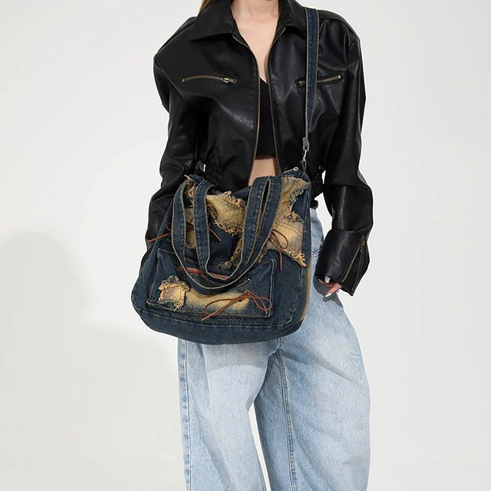 Vintage Cross-Body Bags For Boy Girl Students Fashion Travel Washed Denim One-Shoulder Bags For Men Women Fabric Casual Handbags