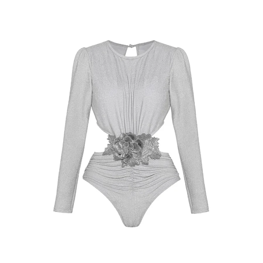 

Women's Long Sleeve One Piece Swimsuit Sexy Floral Print Hollow out Monokini Backless Bathing Suit with String Beachwear