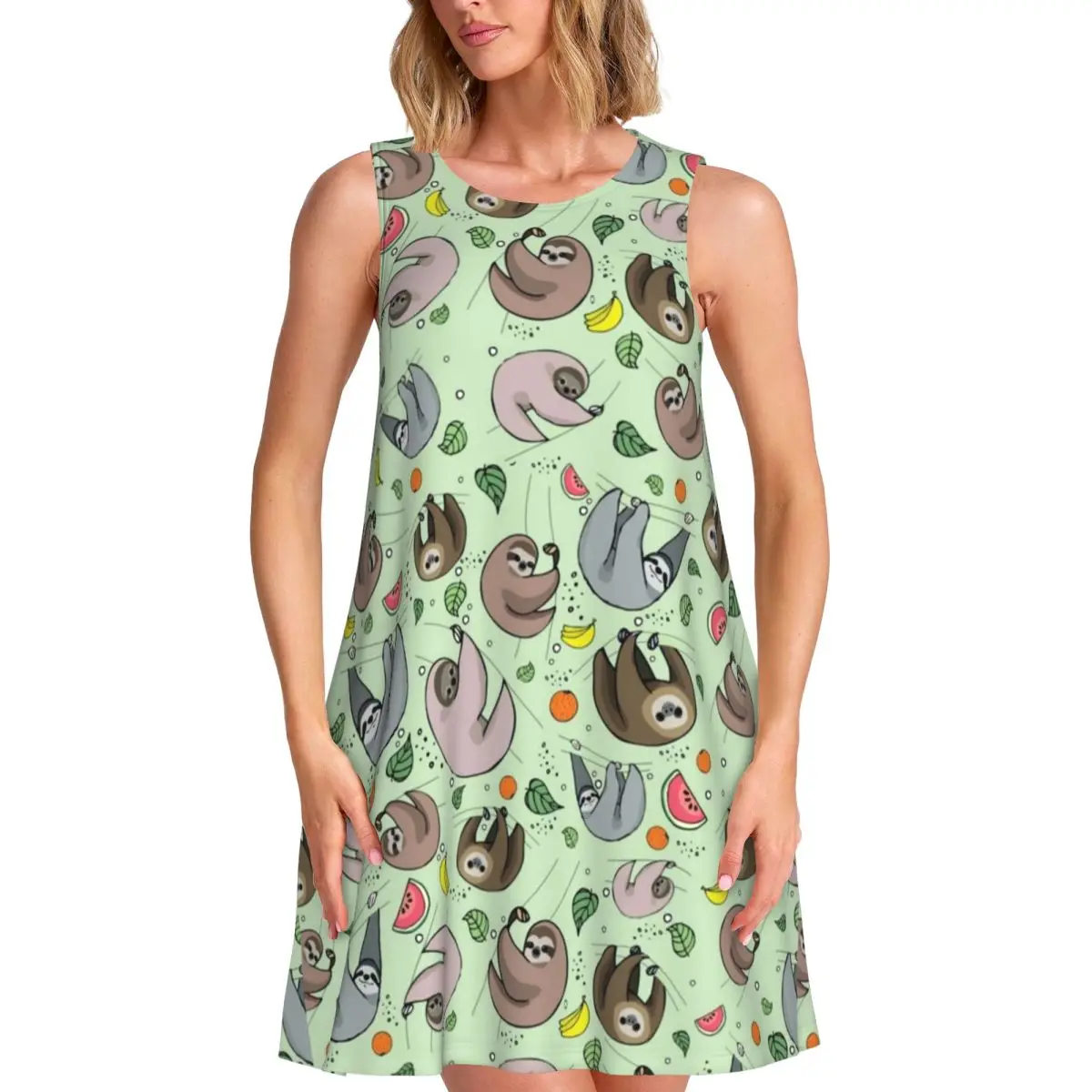 Cartoon Sloth Tank Dress Happy Sloths Leaves Print Elegant Dresses Womens Summer Street Style Print Oversize Casual Dress