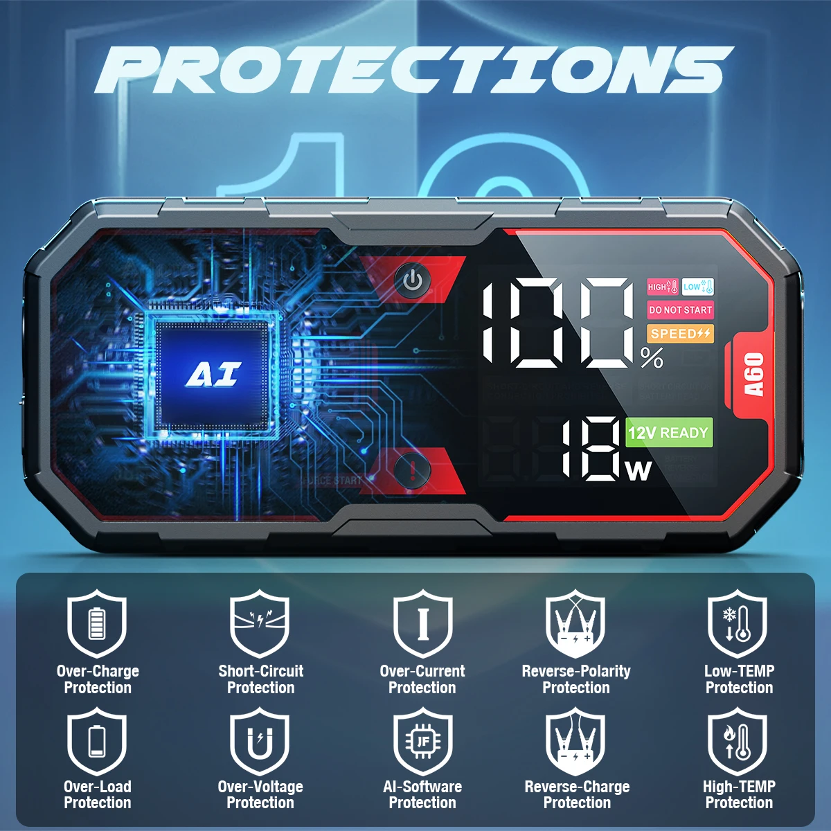 A60 Car Starter Jump Starter Power Bank 6000A Peak Lithium Battery Fast Charging LED Light for Cars Motorcycles Trucks