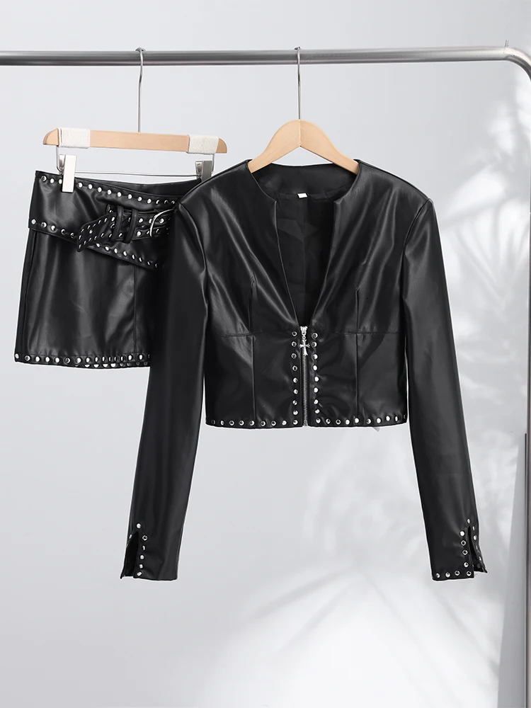Fashion Rivet Decor Pu Leather Jacket Skirts Suit Women Zippers Female Waist-Closed Top Mini Skirt 2026 Autumn Lady 2 Pieces Set view 6
