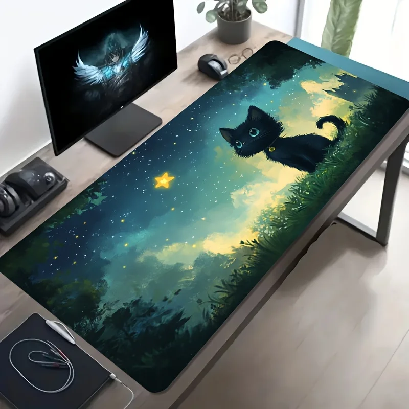 

Большой игровой коврик для мыши с рисунком звездного ночного неба, черного кота, нескользящие моющиеся резиновые прочные коврики для стола, компьютерный аксессуар