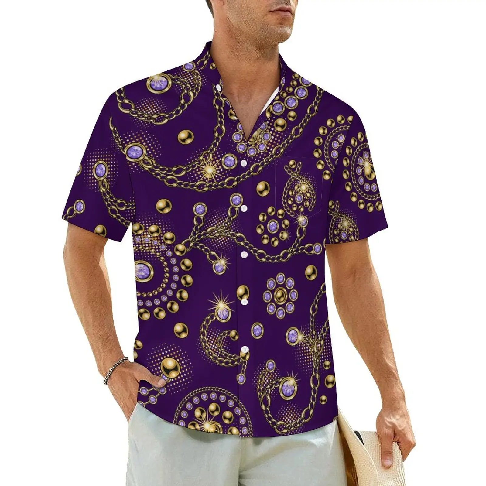 

Gold Paisley Casual Shirt Swirl Chain Print Trendy Hawaiian Shirts Men Short Sleeve Beach Streetwear Custom Plus Size Blouses