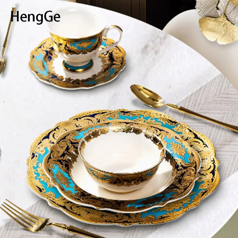 Light Luxury Ceramic Plate High End Golden Pattern Relief Western Style Steak Dining Plates Restaurant Tableware Soup Plate image 4