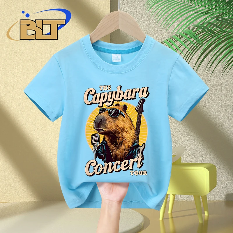 Capybara เสื้อยืดพิมพ์ลายการ์ตูนสำหรับเด็ก, เสื้อยืดลำลองแขนสั้นผ้าคอตตอนสำหรับทัวร์คอนเสิร์ตฤดูร้อนสำหรับเด็กผู้ชายและเด็กผู้หญิง