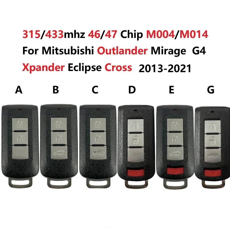 

315/433MHZ 46/47 chip For Mitsubishi Outlander 2013-2021 Mirage G4 Xpander Eclipse Cross FCCID M004 M014 Remote Smart Car key