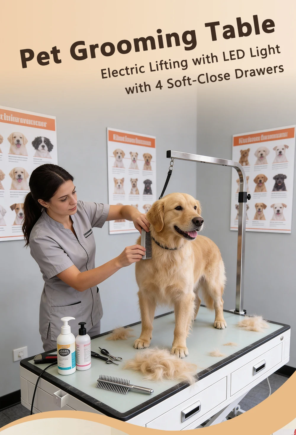 Generic Luxury Electric Lifting Light Up Dog Grooming Table Iron Equipment LED Light Easy Cleaning Scissors Combs