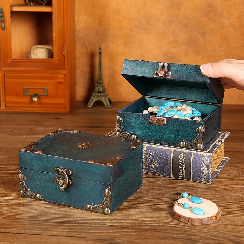 

Vintage Wooden Storage Box Small Wooden Storage Chest Trunk Pirate Treasure Chest With Lock Trinket Jewelry Necklace Decor Box