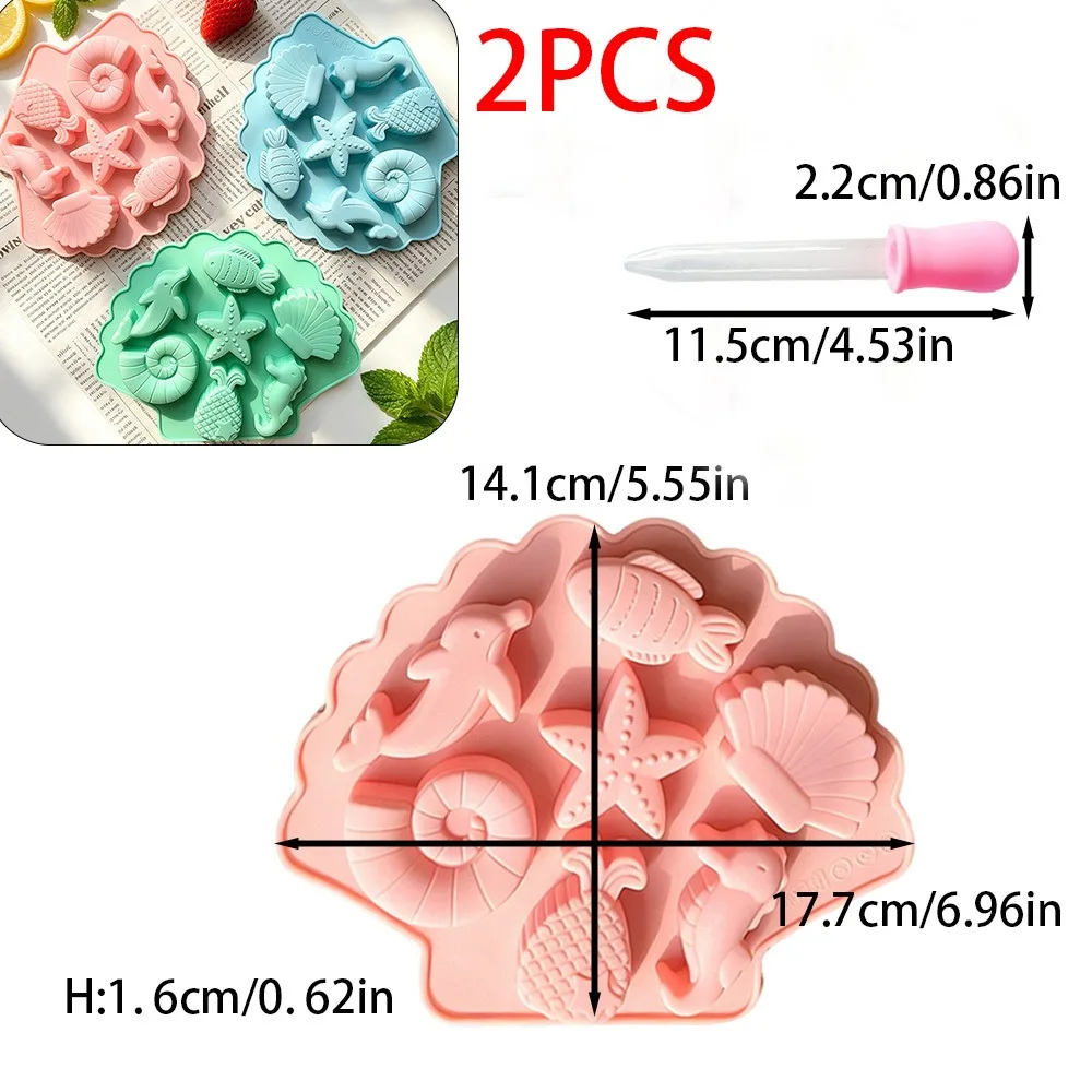 2er-Set Ozean-Silikonformen mit Pipette, 7-fach gegossen, für Muscheln, Seesterne, Seepferdchen, Meerjungfrauenflossen – DIY-Werkzeug für Kerzen, Seifen und Harz-Bastelarbeiten – Detail 2