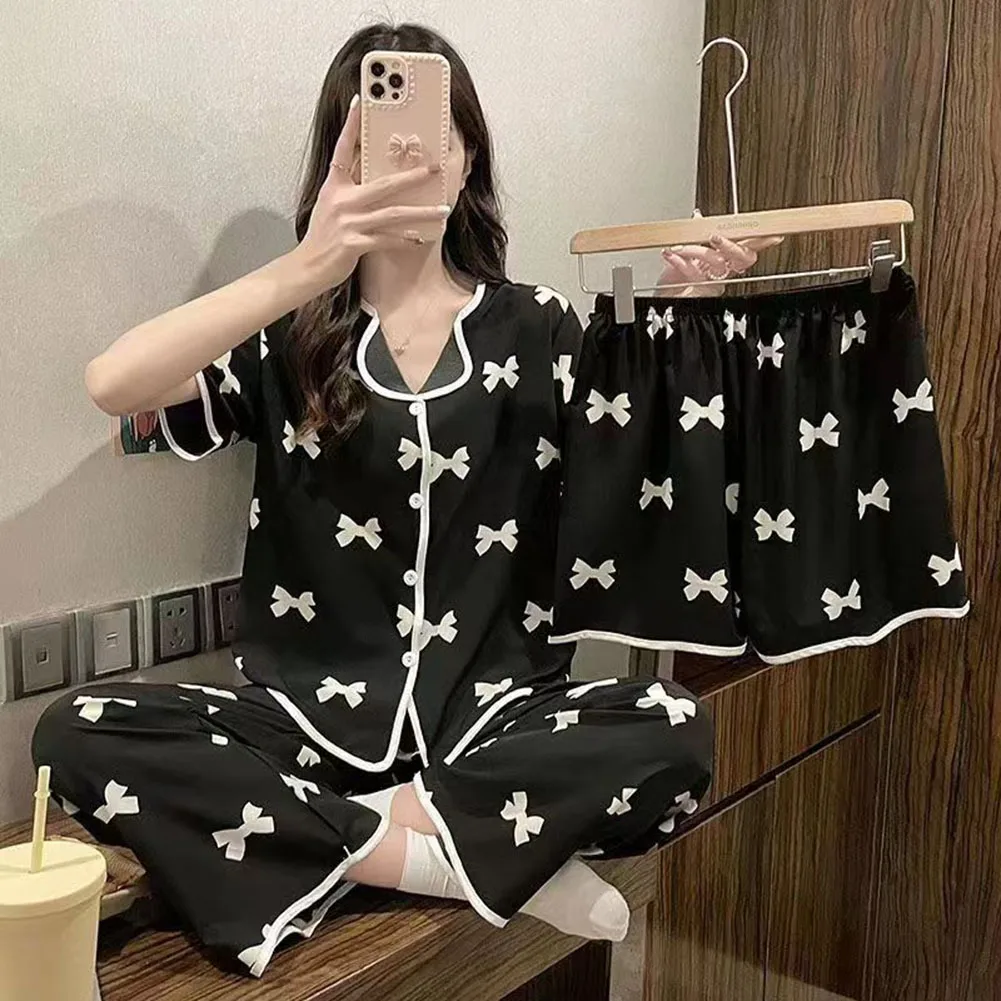 Womens Trendy Pajama 3 Piece Outfit Featuring Cute Cartoon Bow Design Comfortable Short Sleeve Tops Paired With Long Pants