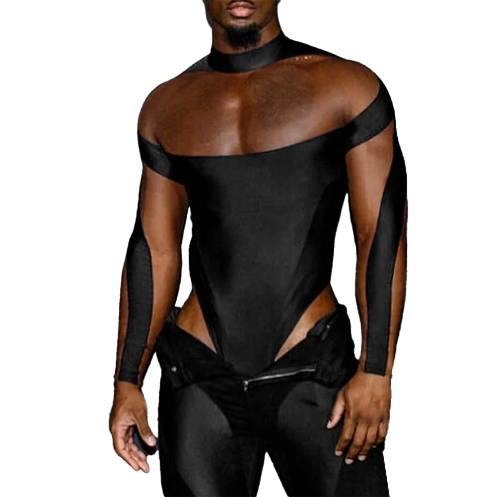 

Men Bodysuits Patchwork Transparent Turtleneck Long Sleeve Streetwear Bodysuit
