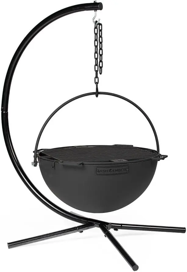 Ash & Ember 30" Cast Iron Cauldron Fire Pit Bowl with Double Hinged Grill Grate with Easy-Lift Handles, Handing Chain & Cauldron