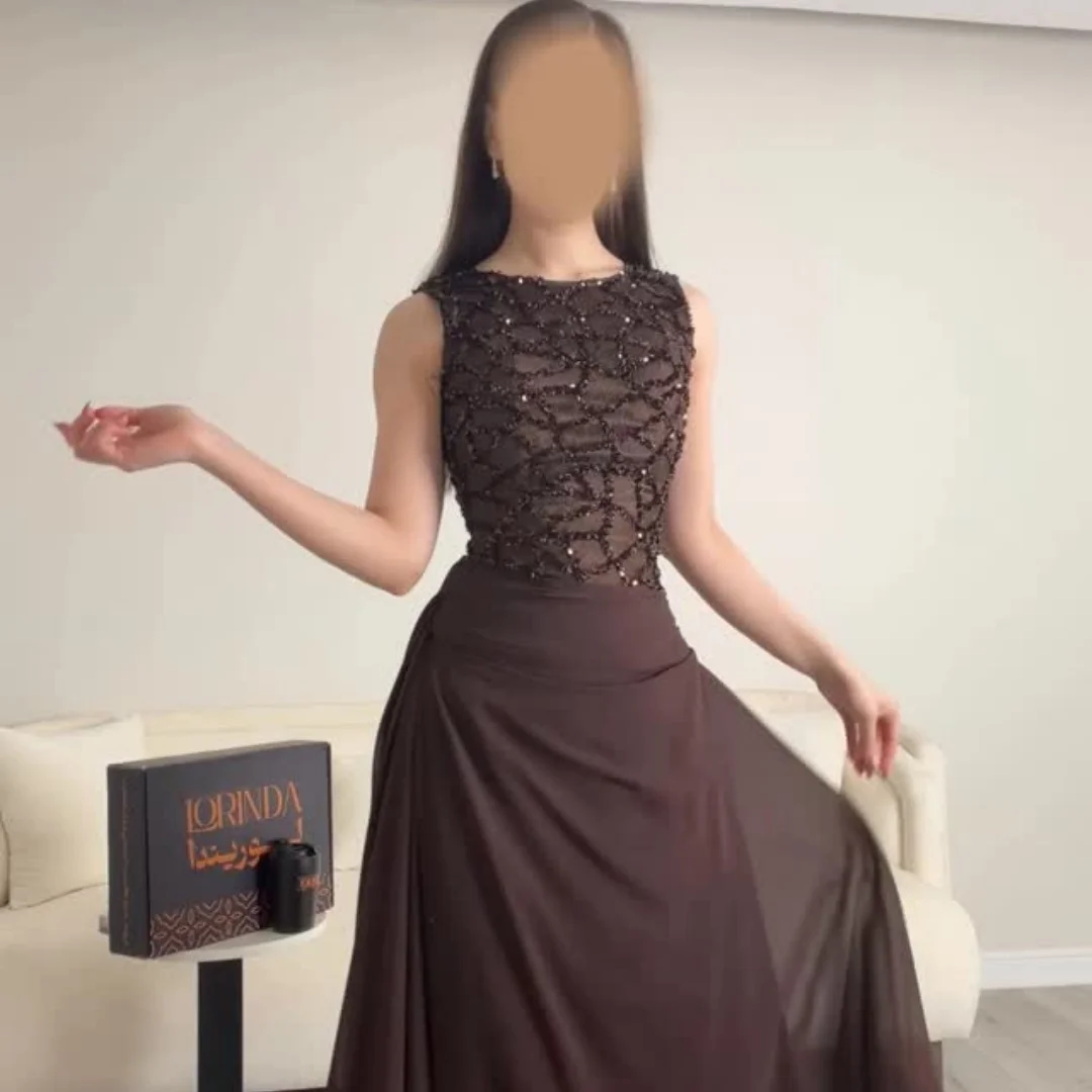 Amanda Customized Chocolate Brown Sleeveless Round Neck Beaded Top vestidos de noche Flowy Maxi Skirt Two Piece Formal Evening