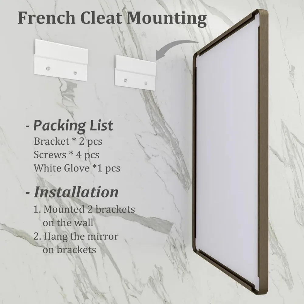 Miroir de salle de bain en bronze 24x32 avec cadre rectangulaire arrondi, finition brossée, mural pour suspension horizontale ou verticale