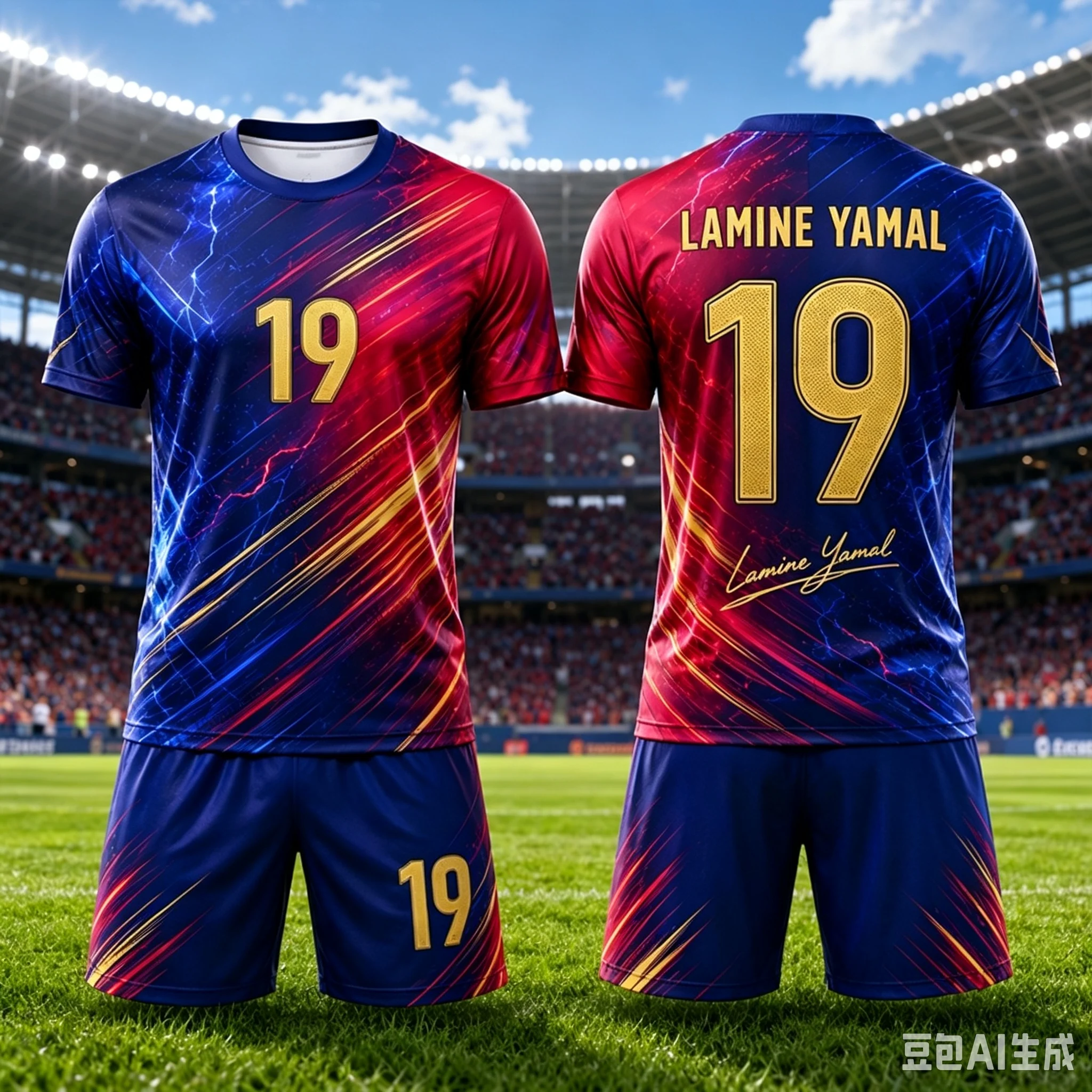 2627 Unisex Lightning Print Soccer Jersey Set 2‑Piece Short Sleeve Football Shirt+Shorts Training Sport Suit Athletic Uniform