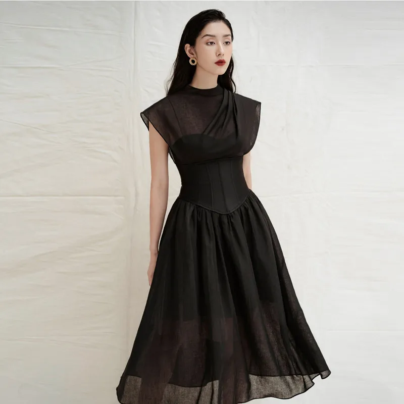 

Sexy Perspective Women Dress Summer Fashion Round Neck Pleated Patchwork High Waist Black Party Dresses q109