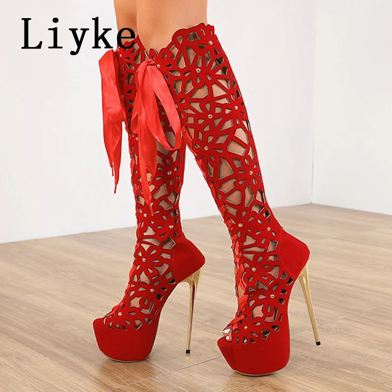 Liyke 16CM Ultra Thin High Heels Sexy Nightclub Hollow Out Over The Knee Boots Women Peep Toe Lace-Up Zip Platform Shoes Sandals