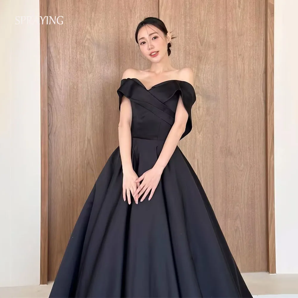 

ВЕСНАЯ элегантное черное атласное вечернее платье, корейское свадебное фотосессия с открытыми плечами, длинное вечернее платье трапециевидной формы, корсет по индивидуальному заказу 2026