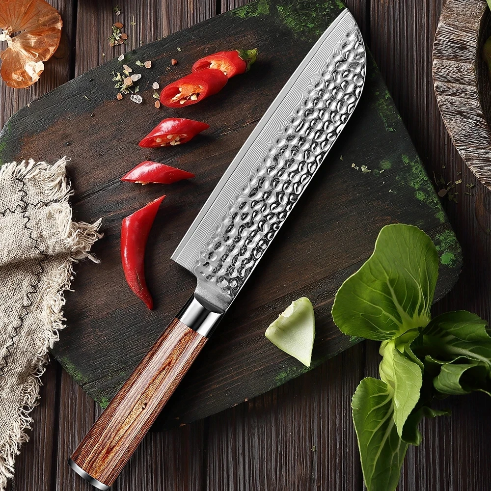 XITUO 7 Inch Santoku Knife Damascus Steel Sharp, Japanese Kitchen Cleaver Knife For Slicing Meat, Vegetables, Golden Wood Handle
