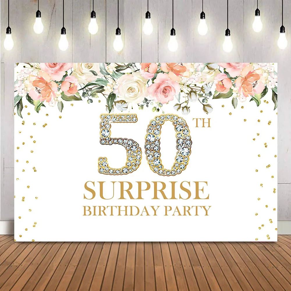 50th Surprise Backdrop Birthday Party Pink Flowers Photo Background Photocall Decoration Fifty Birthday Party Decoration Banner