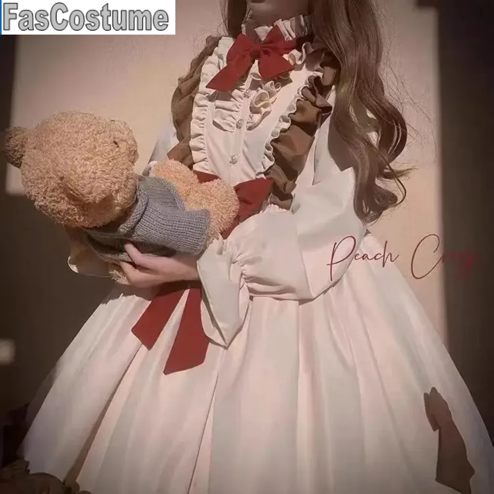 Lalka Retro Lolita Sukienka dla kobiet Urocza Jesienno-Zimowa Sukienka z Długim Rękawem Kokarda Słodka Dziewczyna Wyszczuplająca Talia Sukienka A-line Fuffly