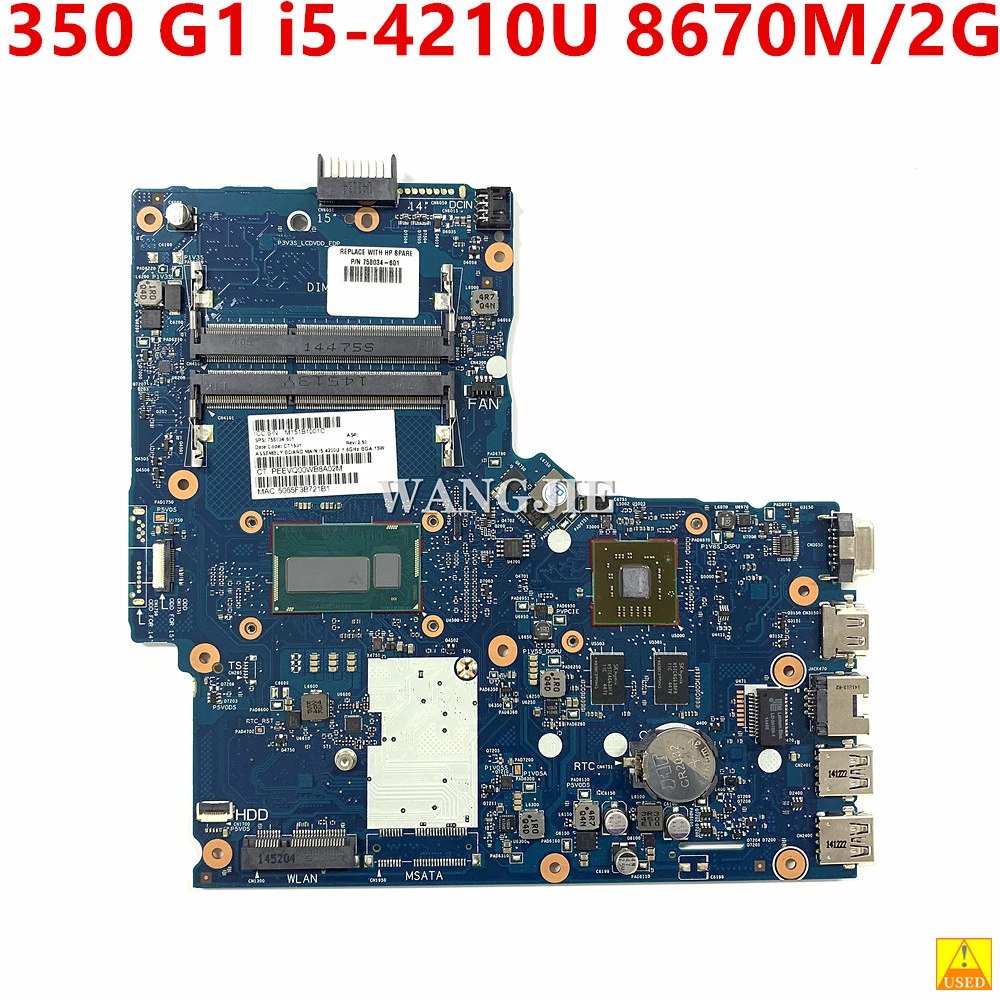 758034-601 For HP 350 G1 Laptop Moederbord 758034-001 758034-501 6050A2608301-MB-A05 W/ i5-4210U CPU W/ 8670M/2G GPU