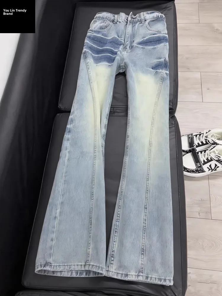 

Blue Lightning Pattern Men's Jeans CleanFit Waist up Straight Leg American Retro Knife Flared Pants Casual Cotton Denim