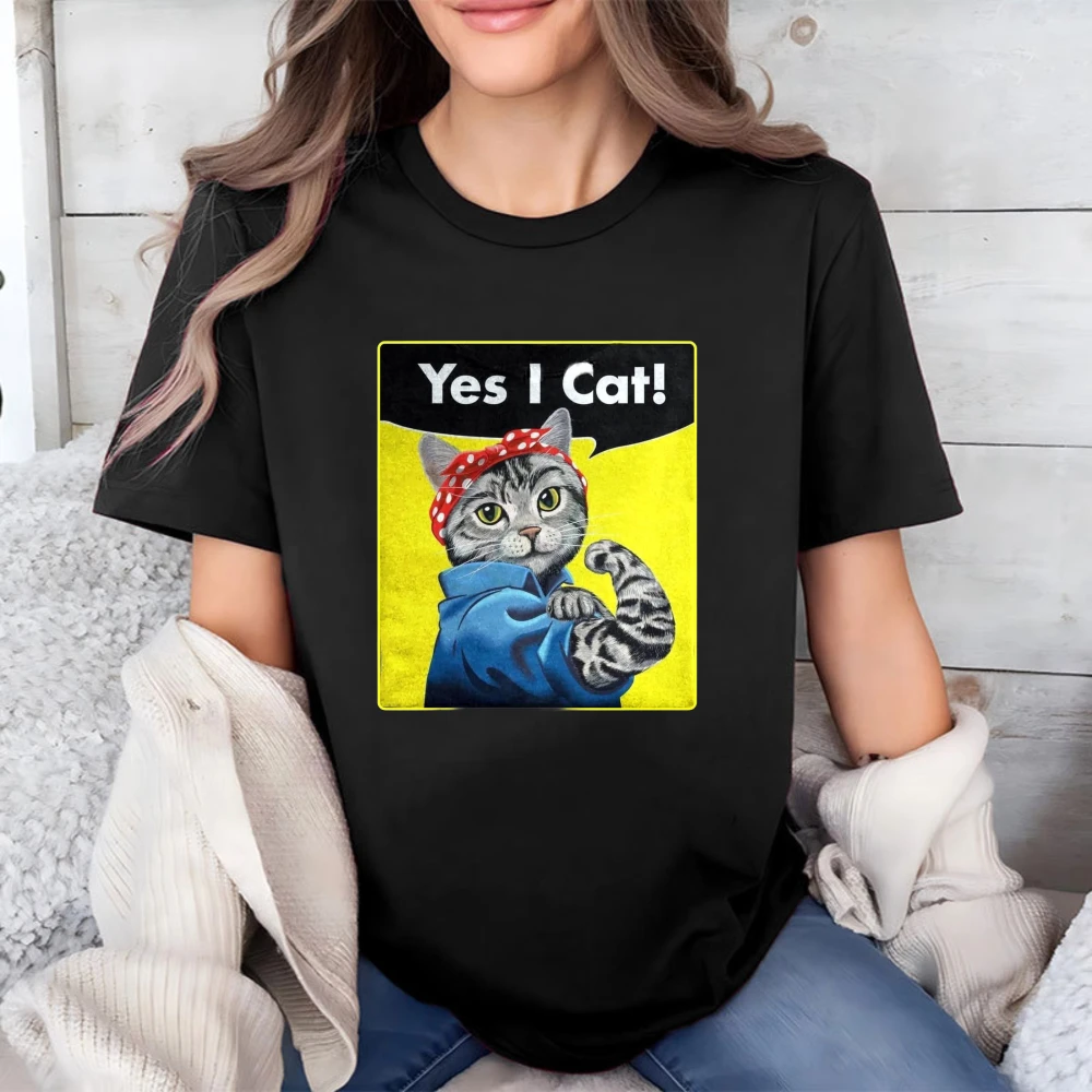 Yes I Cat!Rosie Riveter Feline Graphic Tee Pet Owner Casual Trendy Tops Cute Cat Lover Printing Tee Vintage Cotton Women Tshirt