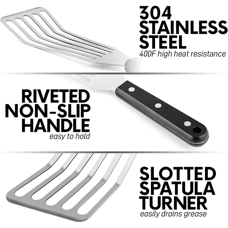 【Superdeals】4Pcs 12.4Inch Fish Spatula- Slotted Fish Turner Spatula With Sloped Head Design - Lightweight Thin Spatula Metal