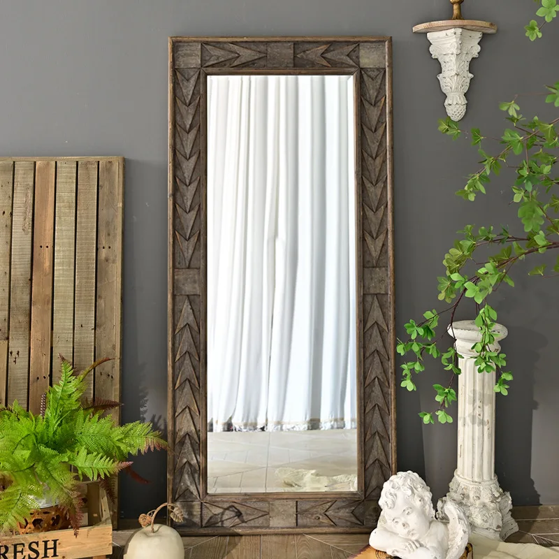 Creative American retro old log color wooden frame floor mirror full-length mirror thin full-body mirror decorated against the w