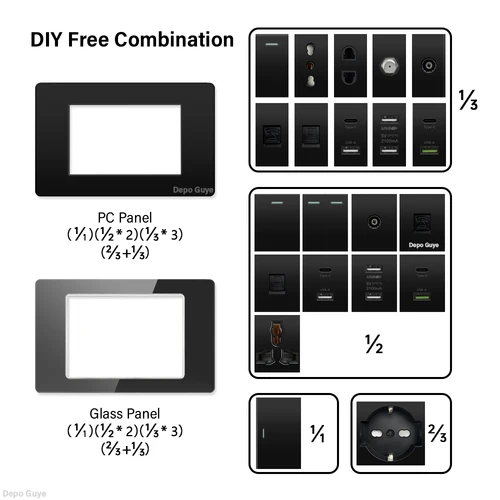 Imagen 2 del producto Toma de pared italiana, función de Panel de plástico/vidrio, bricolaje, negro, USB tipo C, CAT6, TV, SAT, TEL, piezas de toma de corriente, piezas de interruptor de luz, Chile