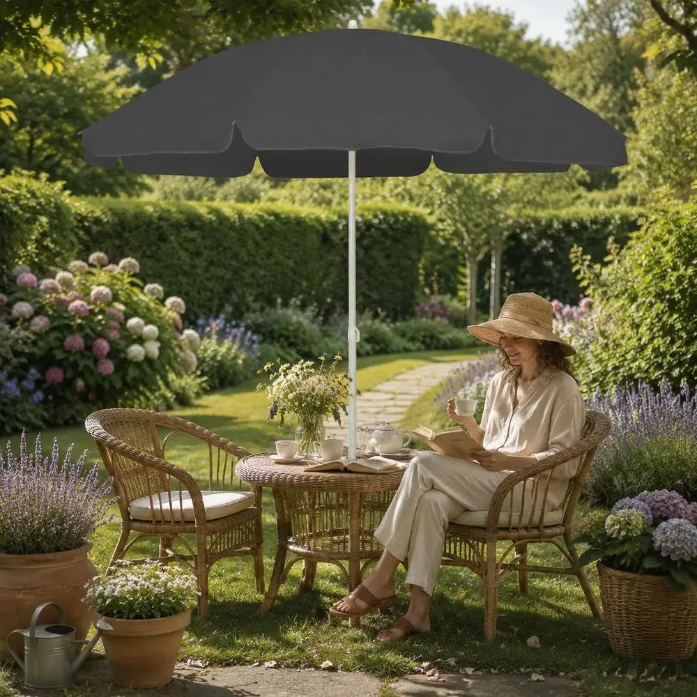 Parasol de plage en tissu polyester résistant, inclinable multidirectionnel 240 cm, structure solide adaptable sur table et support extérieur, idéal pour jardin, balcon, terrasse, patio, etc.