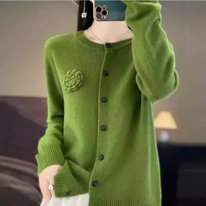 Green Cardigan Women\'s Autumn/Winter O-Neck Three-Dimensional Embroidered Coat Sweater Long Sleeve Jacket Knitted Cashmere To