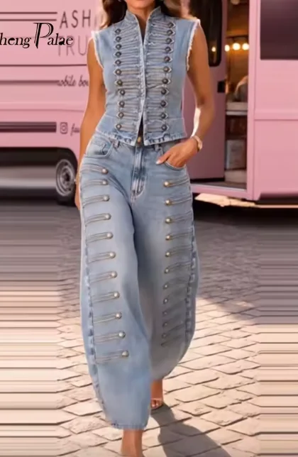 Women Denim Two Piece Set Sleeveless Vest Wide Leg Pants Rivet Decor Vintage Streetwear Trendy Autumn 2026 New