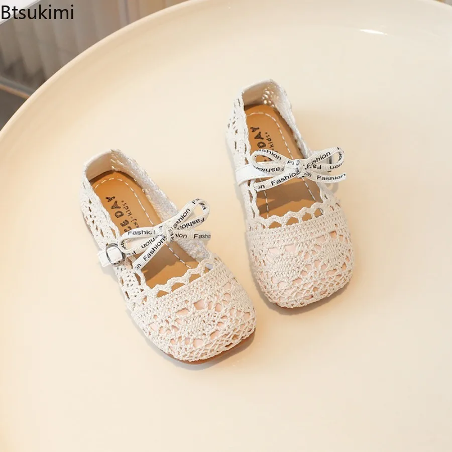 Bow Mesh Girls Flats Shoes Sandals Hollow Out Lace Solid Kids Princess Shoes Hook Loop Non Slip Toddler Children Fashion Shoes